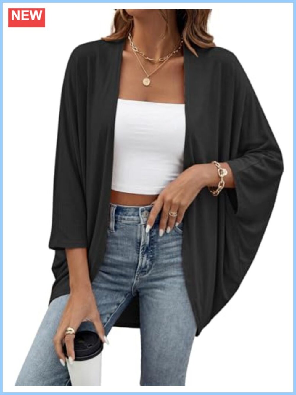 Women's Cotton Lightweight Kimono Cardigan 3/4 Batwing Sleeve Cover-Up